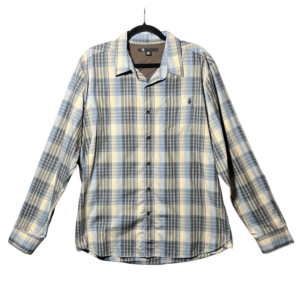 Vintage Y2K Volcom Plaid Button Up Shirt Mens Large Blue Yellow Skate Surf